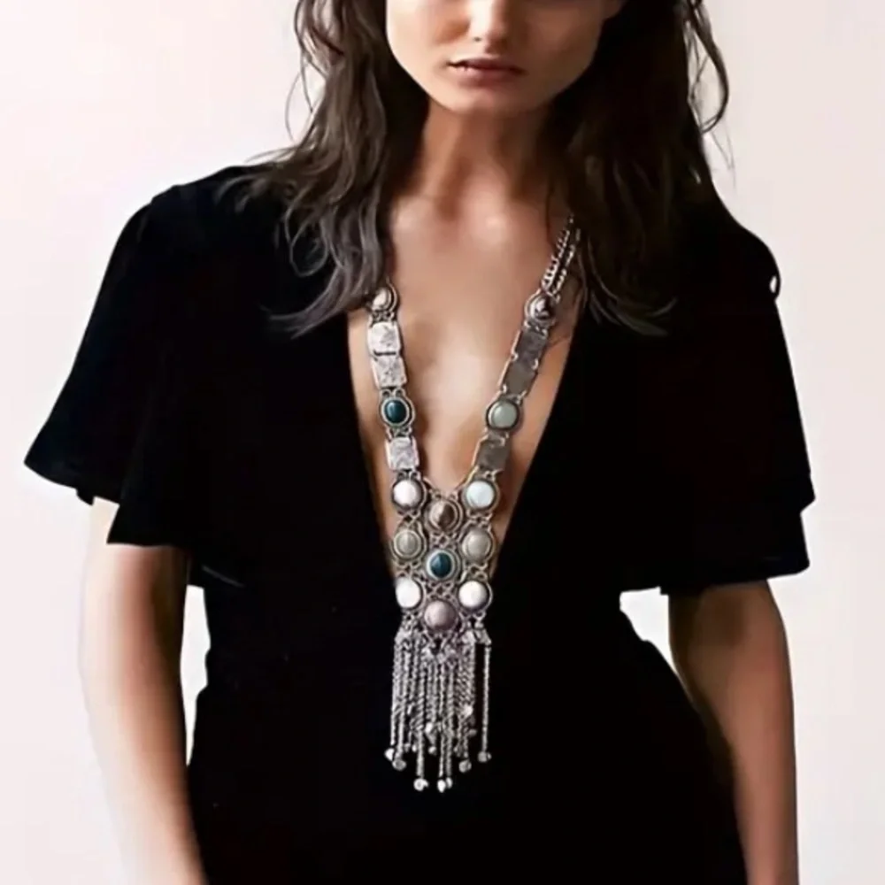 Silver Stone Chain Necklace Boho Tribal Hippie